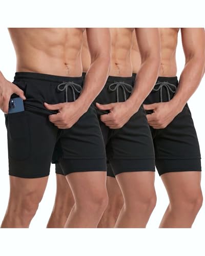 Sureio 3 Pcs Men's 2 in 1 Workout Running Shorts 5 Inch Quick Dry